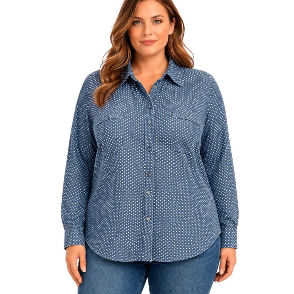 Chico’s Blue Polka Dot Shirt Size 3 NWOT Inspection Stickers Intact